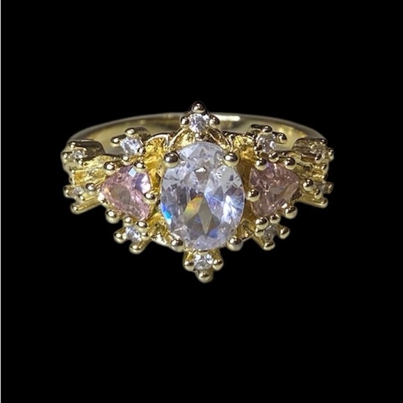 Ring- Gold Tone Ring with White (Clear) and Pink Rhinestones in Size 8 - Picture 2 of 6